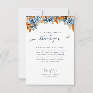 Tarjeta De Agradecimiento Elegante Floral Otoño Azul Marino Y Óxido Boda Boh