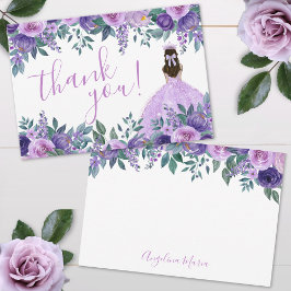 Tarjeta De Agradecimiento Elegante Floral Purple Quinceañera
