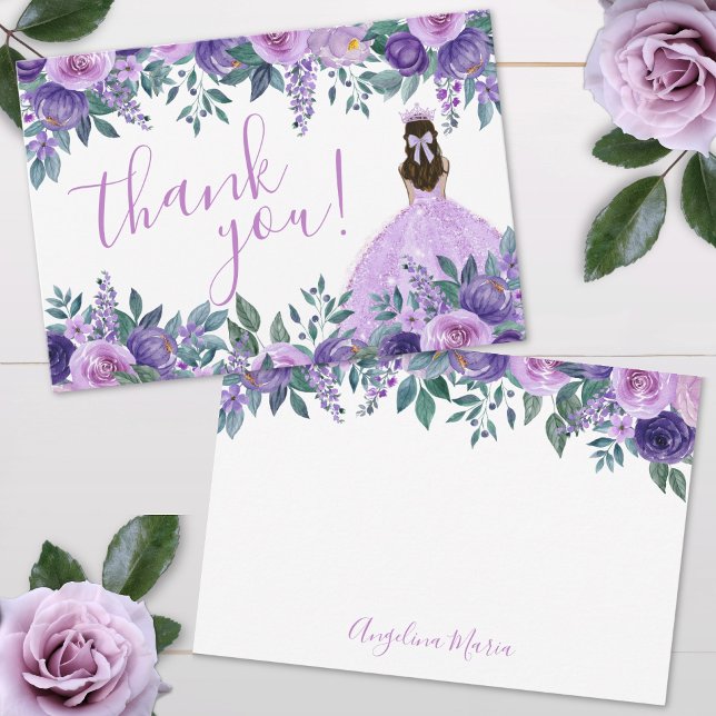 Tarjeta De Agradecimiento Elegante Floral Purple Quinceañera (Elegant Floral Purple Quinceañera Thank You Card)