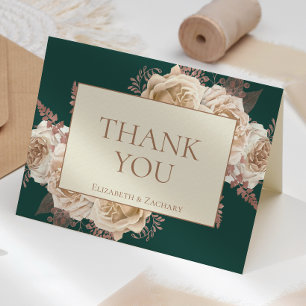 Tarjeta De Agradecimiento Elegante Floral Rosa Dorado Marfil Bodas Oscuro