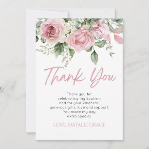 Tarjeta De Agradecimiento Elegante Floral Rosa Flores Hojas Verdes Bautizo