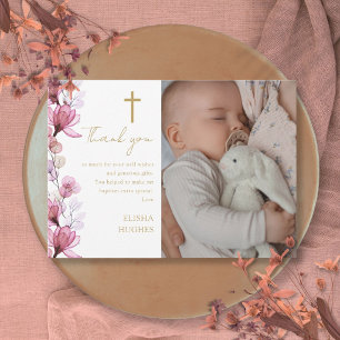 Tarjeta De Agradecimiento Elegante Floral Rosa Foto Bautizo Confirmación