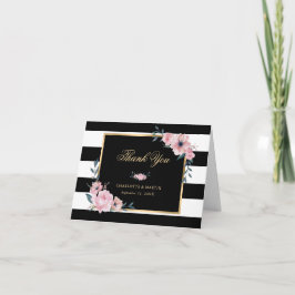 Tarjeta De Agradecimiento Elegante floral rosa rayado negro y blanco