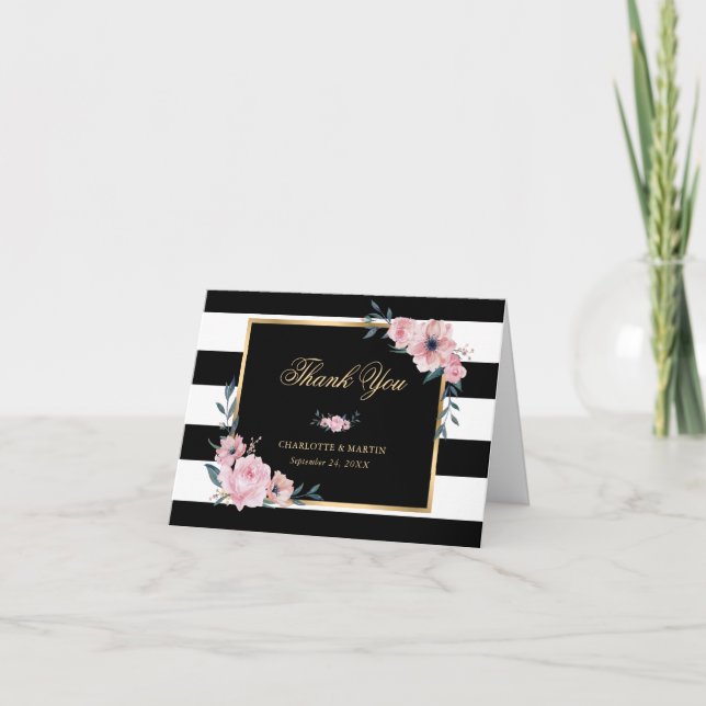 Tarjeta De Agradecimiento Elegante floral rosa rayado negro y blanco (Anverso)