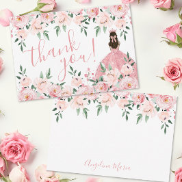 Tarjeta De Agradecimiento Elegante floral Rubor rosa Quinceañera