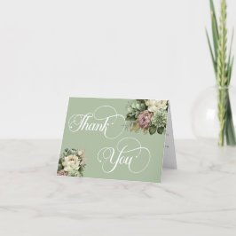 Tarjeta De Agradecimiento Elegante Floral Verde y Boda Blanca RSVP