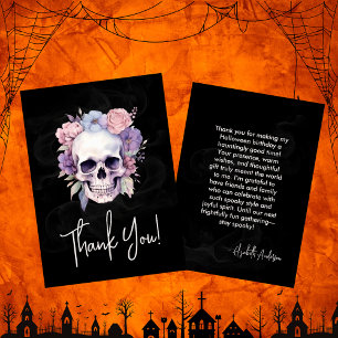 Tarjeta De Agradecimiento Elegante floral y cráneo de Halloween gótico cumpl