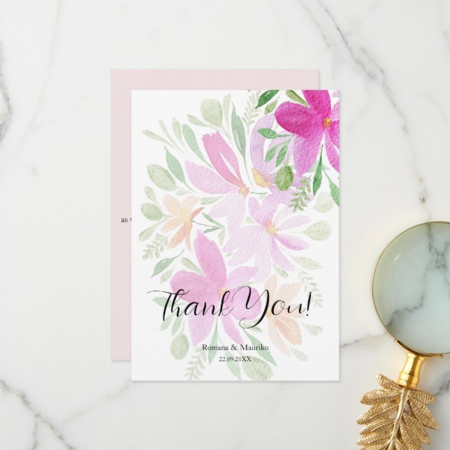 Tarjeta De Agradecimiento Elegante Flores salvajes rosadas acuarela Art (Anverso/Reverso In Situ)