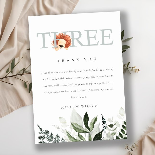 Tarjeta De Agradecimiento Elegante Foliage Cute Boho León Tercer Cumpleaños (Subido por el creador)