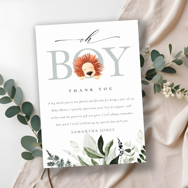 Tarjeta De Agradecimiento Elegante Foliage Cute Boho Lion Oh Boy Baby Shower (Subido por el creador)