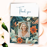 Tarjeta De Agradecimiento Elegante Foliage Pattern Photo Birday<br><div class="desc">Elegante Flower Foliage Pattern Photo Birthday (Tarjeta de agradecimiento por cumpleaños). Hermoso patrón floral con colores turquesa oscuro y naranja con una foto personalizado. Añade tu nota de agradecimiento y tu foto.</div>