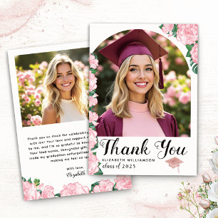 Tarjeta De Agradecimiento Elegante Foto Arca Graduación Floral Blanca y Rosa