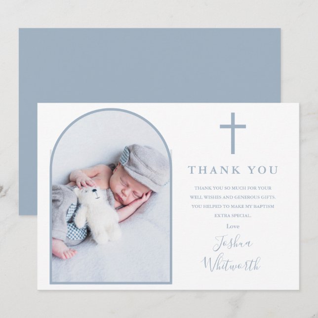 Tarjeta De Agradecimiento Elegante Foto Arch Dusty Baptismo Azul (Anverso / Reverso)