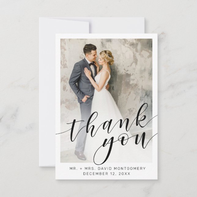 Tarjeta De Agradecimiento Elegante foto Boda blanco con guión negro gracias (Anverso)