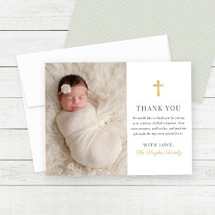 Tarjeta De Agradecimiento Elegante foto de bautismo de bebé verde y dorado
