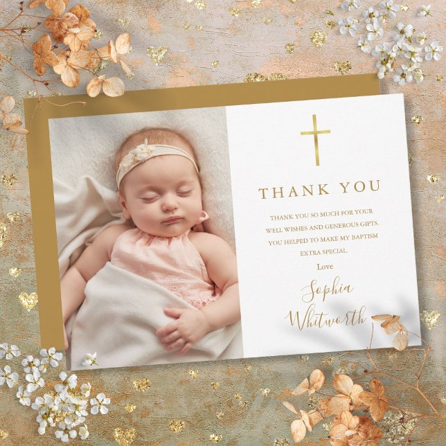 Tarjeta De Agradecimiento Elegante foto de bautismo de escritura dorada (Elegant Gold Script Baptism Christening Photo Thank You Card)