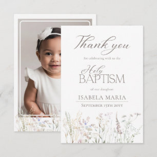 Tarjeta De Agradecimiento Elegante foto de bautizo boho con flores silvestre