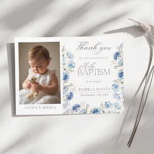 Tarjeta De Agradecimiento Elegante foto de bautizo de niña floral azul