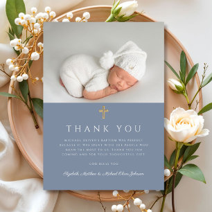 Tarjeta De Agradecimiento Elegante Foto de Bautizo de Niño Religioso en Azul