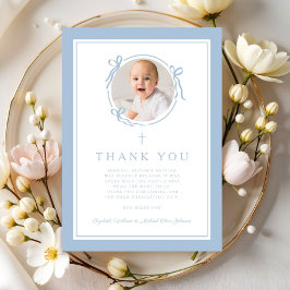 Tarjeta De Agradecimiento Elegante foto de bautizo religioso de bebé azul