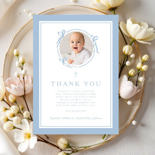 Tarjeta De Agradecimiento Elegante foto de bautizo religioso de bebé azul