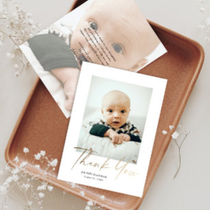 Tarjeta De Agradecimiento Elegante foto de bebé con guión dorado