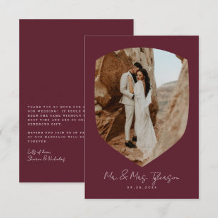 Tarjeta De Agradecimiento Elegante Foto de Boda Burgundy Escrita a Mano  