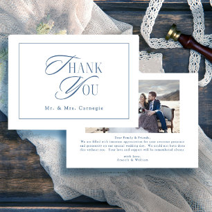 Tarjeta De Agradecimiento Elegante foto de boda con escritura en azul real