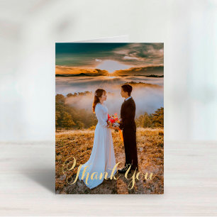 Tarjeta De Agradecimiento Elegante foto de boda con guión dorado