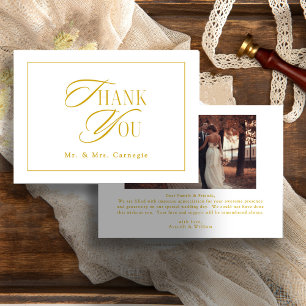 Tarjeta De Agradecimiento Elegante Foto de Boda con Letra en Dorado