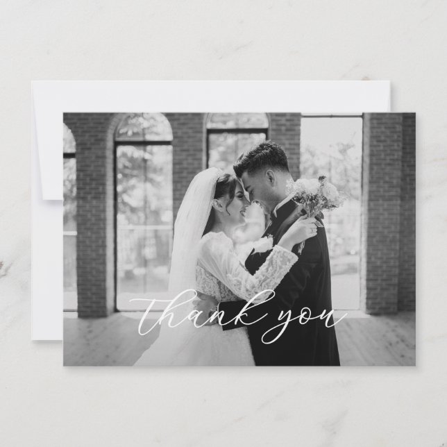 Tarjeta De Agradecimiento Elegante foto de boda con letra script (Anverso)