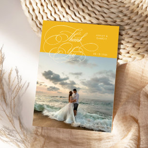 Tarjeta De Agradecimiento Elegante foto de boda con letra Script amarilla