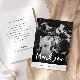 Tarjeta De Agradecimiento Elegante foto de boda con letra script en blanco y