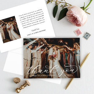 Tarjeta De Agradecimiento Elegante Foto de Boda con Letra Script Floreada