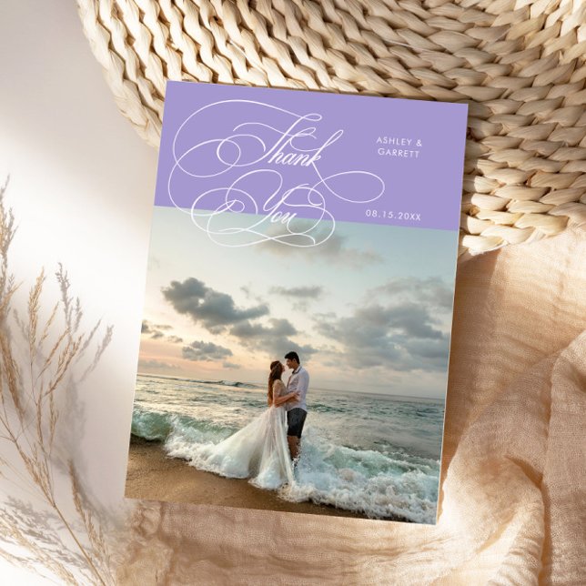 Tarjeta De Agradecimiento Elegante foto de boda con letra Script Lila (Subido por el creador)