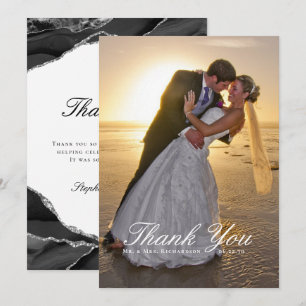 Tarjeta De Agradecimiento Elegante foto de boda con plata y ágata negra
