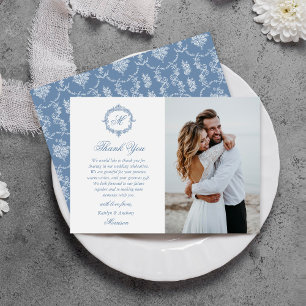 Tarjeta De Agradecimiento Elegante foto de boda con Toile Monogram azul vint