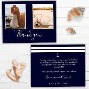 Tarjeta De Agradecimiento Elegante foto de boda de ancla náutica azul marino