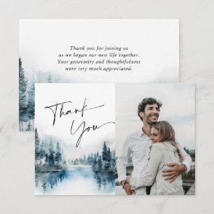 Tarjeta De Agradecimiento Elegante foto de boda de bosque brumoso con acuare