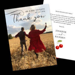 Tarjeta De Agradecimiento Elegante Foto De Boda De Cerezo Y Caligrafía Negra