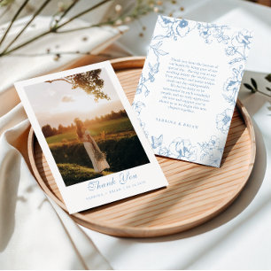 Tarjeta De Agradecimiento Elegante foto de boda de jardín floral azul polvor