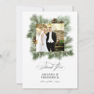 Tarjeta De Agradecimiento Elegante foto de boda de Navidad de Pino Invernal