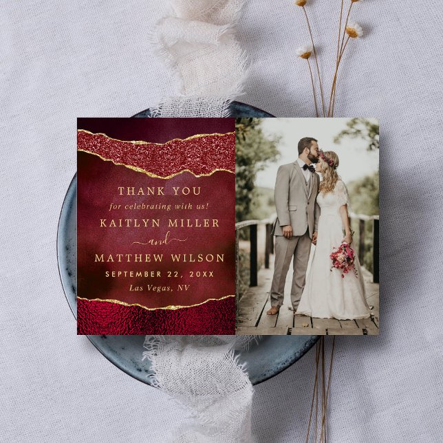 Tarjeta De Agradecimiento Elegante Foto de Boda en Burgundy y Ágata Dorada (Subido por el creador)