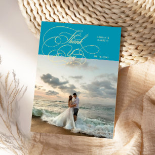 Tarjeta De Agradecimiento Elegante foto de boda en guión Aqua Azul