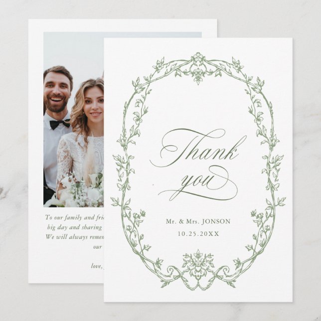 Tarjeta De Agradecimiento Elegante foto de boda en verde salvia ornamentado  (Anverso / Reverso)