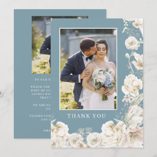 Tarjeta De Agradecimiento Elegante Foto de Boda Floral Azul Dorado