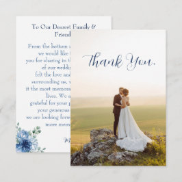 Tarjeta De Agradecimiento Elegante Foto de Boda Floral Azul Polvoriento de E