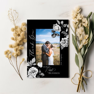 Tarjeta De Agradecimiento Elegante foto de boda floral en blanco y negro