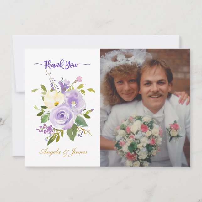Tarjeta De Agradecimiento Elegante foto de Boda floral Purple Gold (Anverso)
