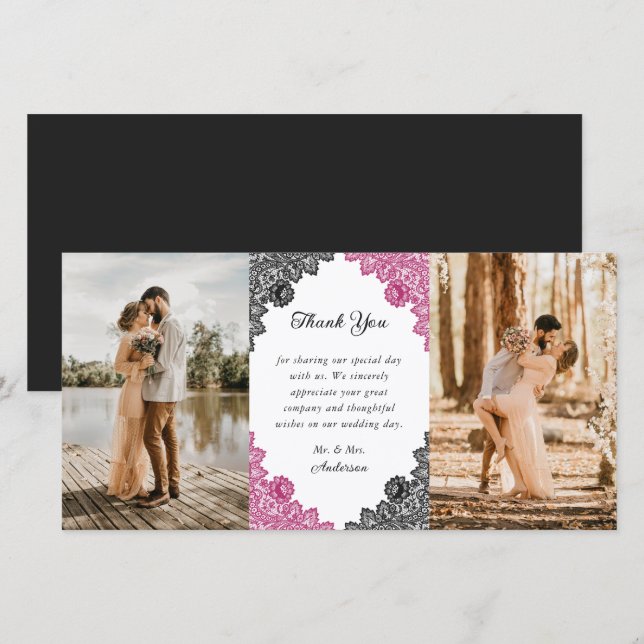 Tarjeta De Agradecimiento Elegante foto de Boda floral rosa caliente y negro (Anverso / Reverso)
